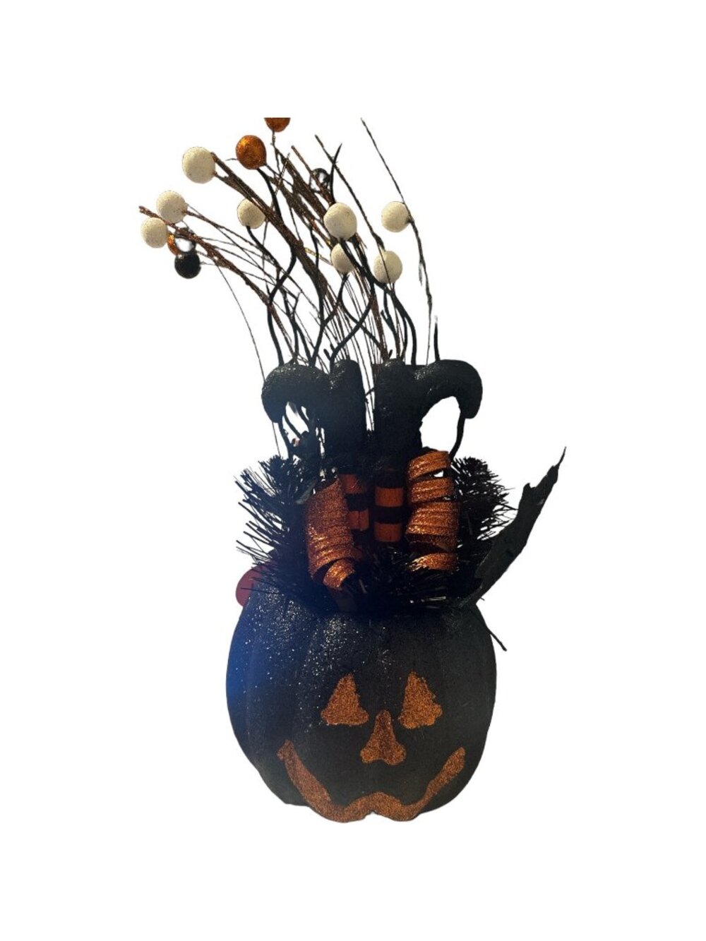 Halloween Glitter Tinsel Pumpkin Table Centerpiece Black Orange